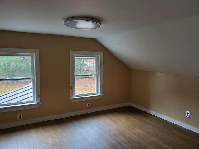 additional living space with light wood-type flooring and vaulted ceiling