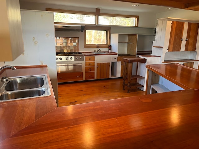 kitchen with light wood-type flooring, sink, ventilation hood, and stainless steel gas cooktop