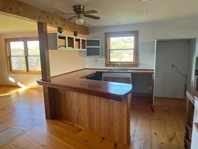 kitchen featuring ceiling fan, sink, light wood-type flooring, and kitchen peninsula