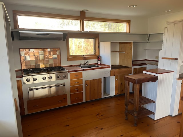 kitchen featuring sink, hardwood / wood-style floors, ventilation hood, stainless steel gas stovetop, and decorative backsplash