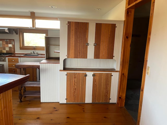 kitchen with hardwood / wood-style flooring, stainless steel gas stovetop, and sink