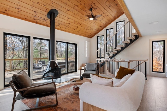 living room featuring hardwood / wood-style floors, ceiling fan, high vaulted ceiling, and wooden ceiling