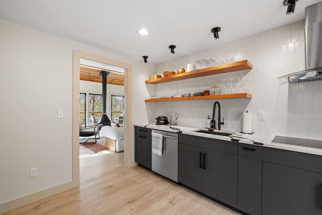 bar with stovetop, backsplash, light wood-type flooring, sink, and dishwasher