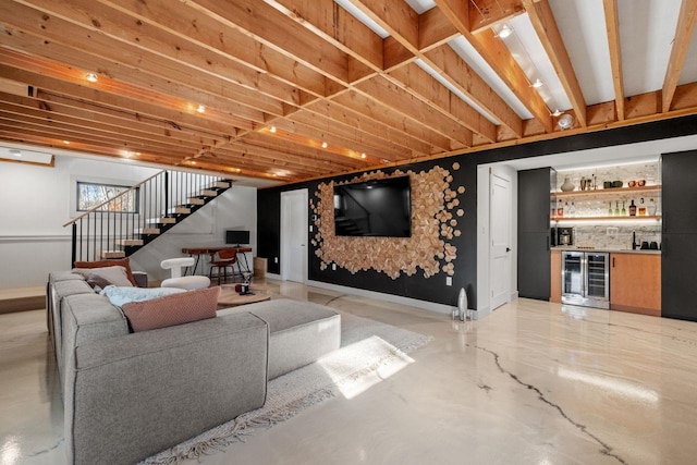 living room with wine cooler and bar