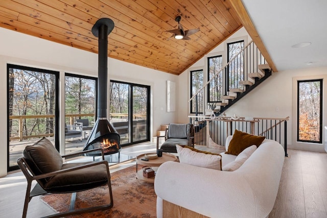 living room with a wood stove, hardwood / wood-style flooring, wooden ceiling, high vaulted ceiling, and ceiling fan