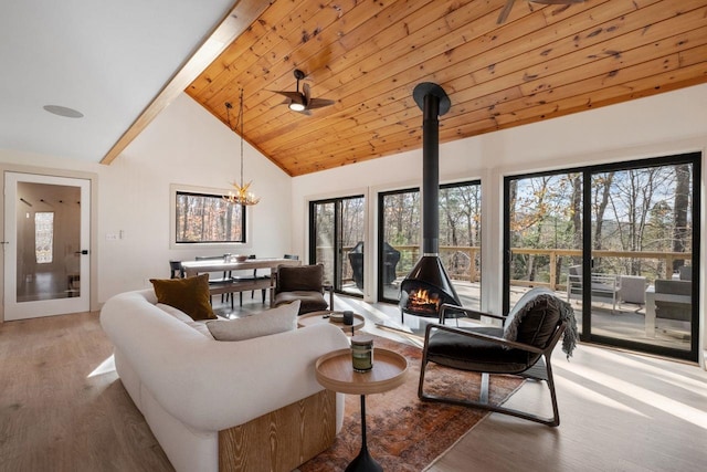 living room featuring beam ceiling, wood-type flooring, a wood stove, and plenty of natural light