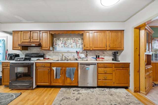 kitchen with tasteful backsplash, electric stove, light wood-type flooring, sink, and dishwasher