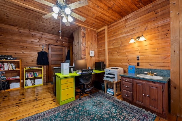 office area featuring wooden walls, sink, light wood-type flooring, and wood ceiling