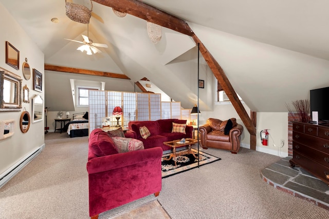 carpeted living room with baseboard heating, ceiling fan, and vaulted ceiling