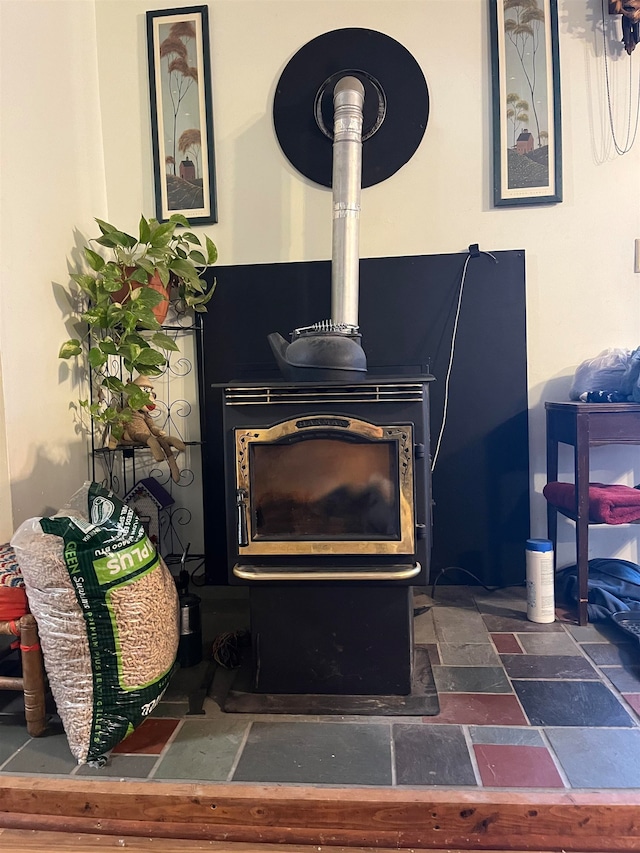 interior details featuring a wood stove