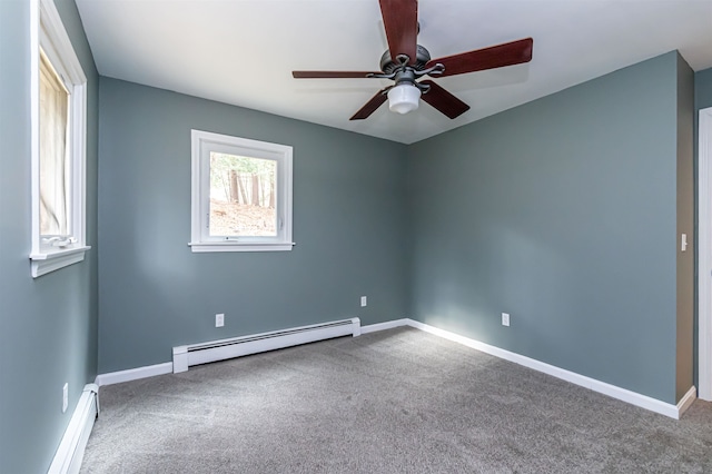 spare room featuring ceiling fan, carpet floors, and a baseboard heating unit