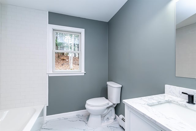 bathroom featuring vanity, toilet, and a baseboard heating unit