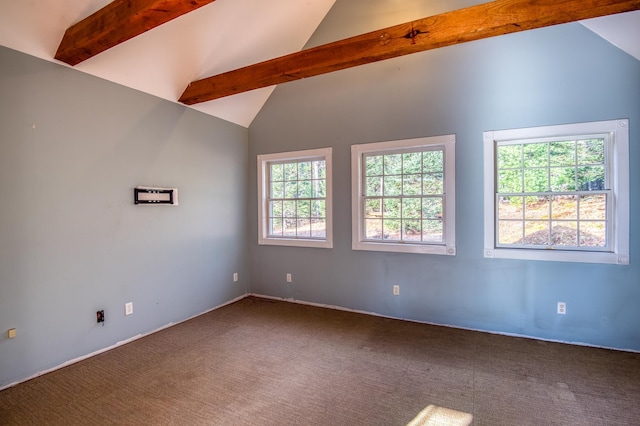 spare room featuring high vaulted ceiling, beamed ceiling, and carpet flooring