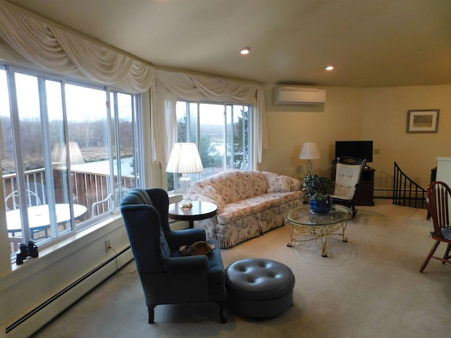 living room featuring light colored carpet, baseboard heating, and a wall mounted AC