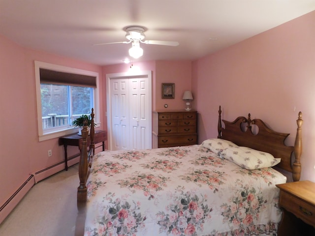 bedroom featuring ceiling fan, a closet, and carpet