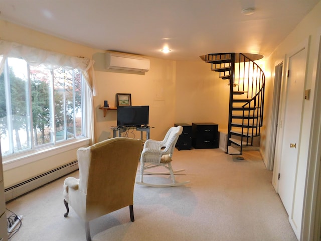 office area with light colored carpet, a baseboard heating unit, and a wall mounted air conditioner