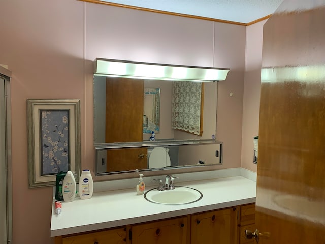 bathroom with vanity, a textured ceiling, and ornamental molding