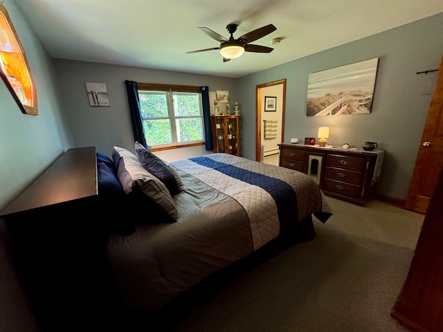 bedroom with ceiling fan and light colored carpet