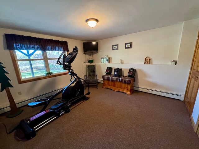 exercise area featuring baseboard heating and carpet flooring