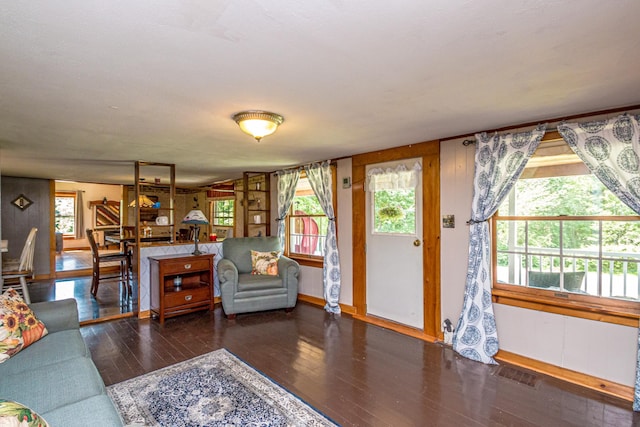 living room with dark hardwood / wood-style flooring and a wealth of natural light