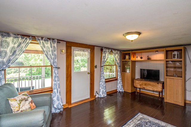 living room featuring a wealth of natural light and dark hardwood / wood-style floors