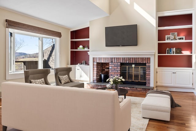 living room featuring built in shelves, hardwood / wood-style floors, a mountain view, and a fireplace