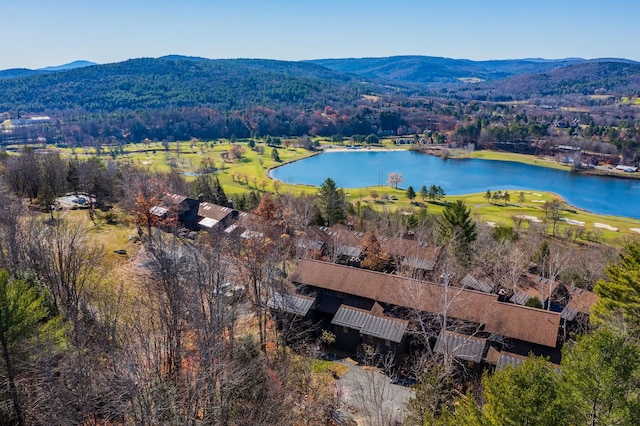 drone / aerial view featuring a water and mountain view