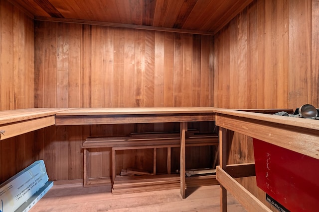 view of sauna featuring wooden walls