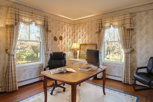 office area featuring a wealth of natural light, hardwood / wood-style flooring, and ornamental molding