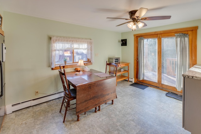 dining room featuring plenty of natural light, baseboard heating, ceiling fan, and light floors