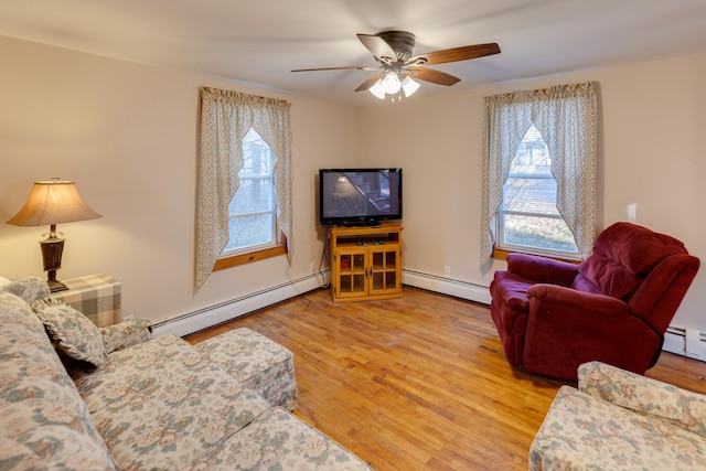 living room featuring a baseboard radiator, wood finished floors, and a wealth of natural light