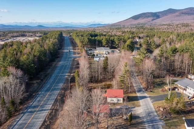 bird's eye view featuring a forest view and a mountain view