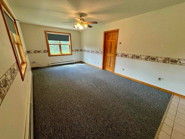 unfurnished room featuring a baseboard radiator, carpet floors, and ceiling fan