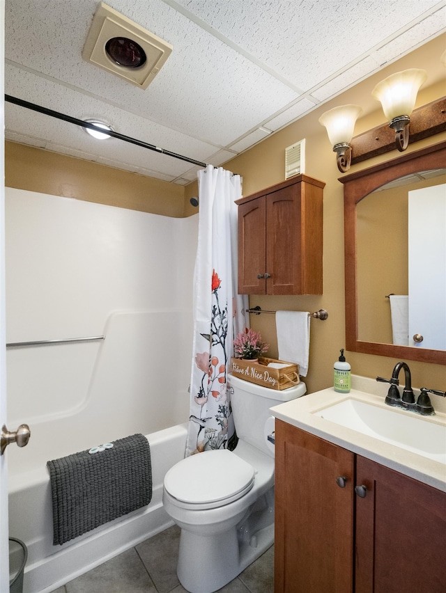 full bathroom with vanity, tile patterned flooring, toilet, and shower / tub combo