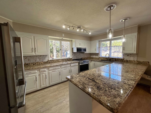 kitchen with kitchen peninsula, stainless steel appliances, white cabinets, and a wealth of natural light