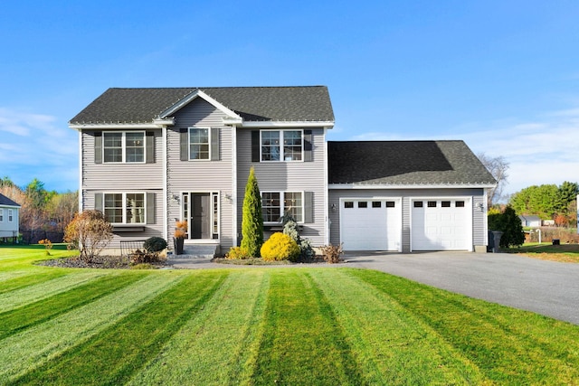 colonial inspired home featuring a front lawn and a garage