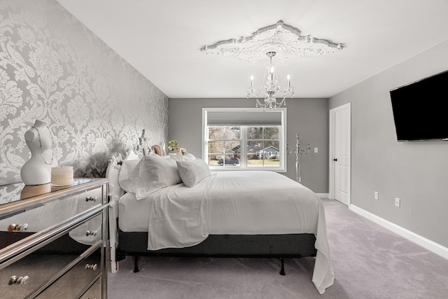 bedroom with light colored carpet and a notable chandelier