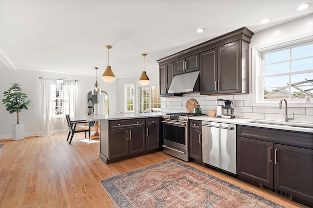 kitchen featuring sink, plenty of natural light, decorative light fixtures, and appliances with stainless steel finishes