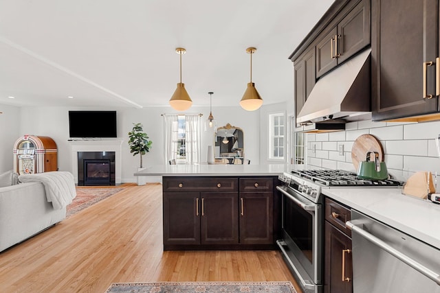 kitchen with dark brown cabinetry, hanging light fixtures, light wood-type flooring, and appliances with stainless steel finishes