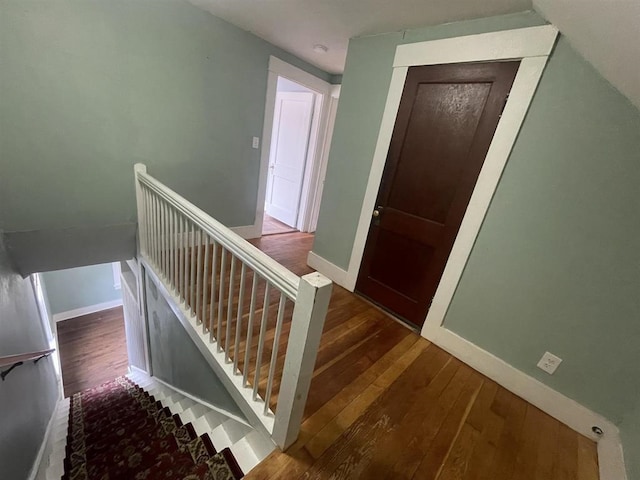 staircase with hardwood / wood-style floors