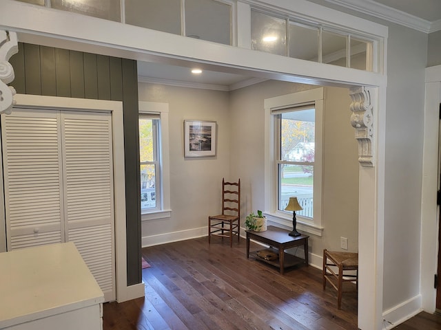 sitting room with dark hardwood / wood-style floors and ornamental molding