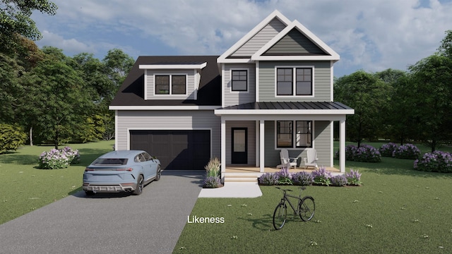 craftsman house featuring covered porch, a front yard, and a garage