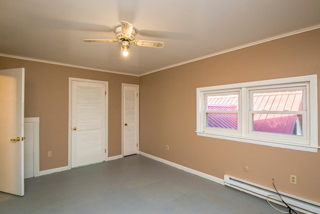 unfurnished bedroom featuring ornamental molding, two closets, ceiling fan, a baseboard heating unit, and concrete floors
