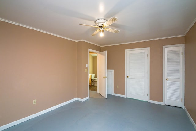 390 Simonds Rd, Dalton, NH 03598 - unfurnished bedroom with crown molding, baseboards, ceiling fan, and finished concrete floors
