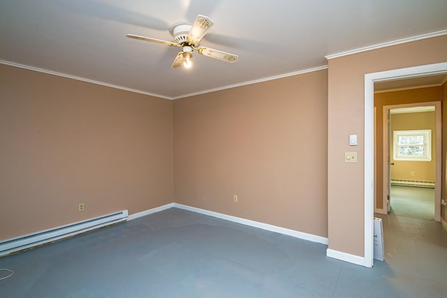 empty room with ceiling fan, a baseboard radiator, and ornamental molding