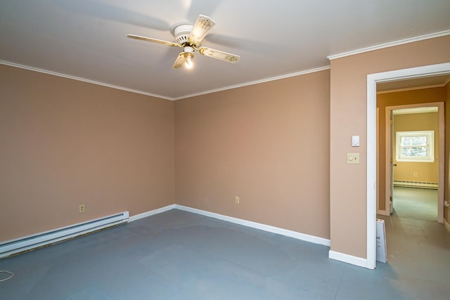 390 Simonds Rd, Dalton, NH 03598 - spare room with a ceiling fan, a baseboard heating unit, crown molding, baseboards, and concrete floors