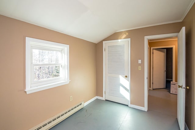 390 Simonds Rd, Dalton, NH 03598 - unfurnished bedroom with baseboard heating, baseboards, vaulted ceiling, and finished concrete floors