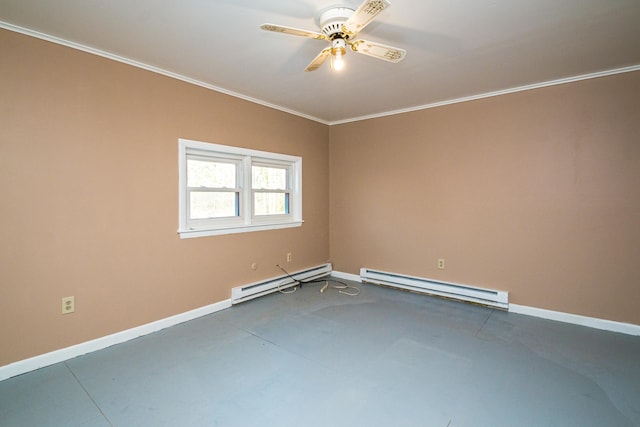 unfurnished room with ceiling fan, concrete flooring, crown molding, and a baseboard radiator
