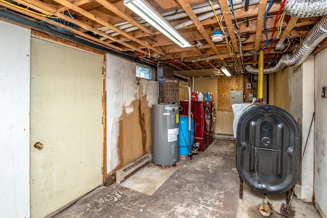 390 Simonds Rd, Dalton, NH 03598 - unfinished basement with electric water heater, oil tank, a water pressure tank, and electric panel