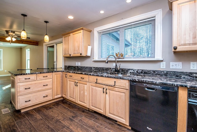 kitchen with light brown cabinetry, dark wood-type flooring, sink, dishwasher, and hanging light fixtures